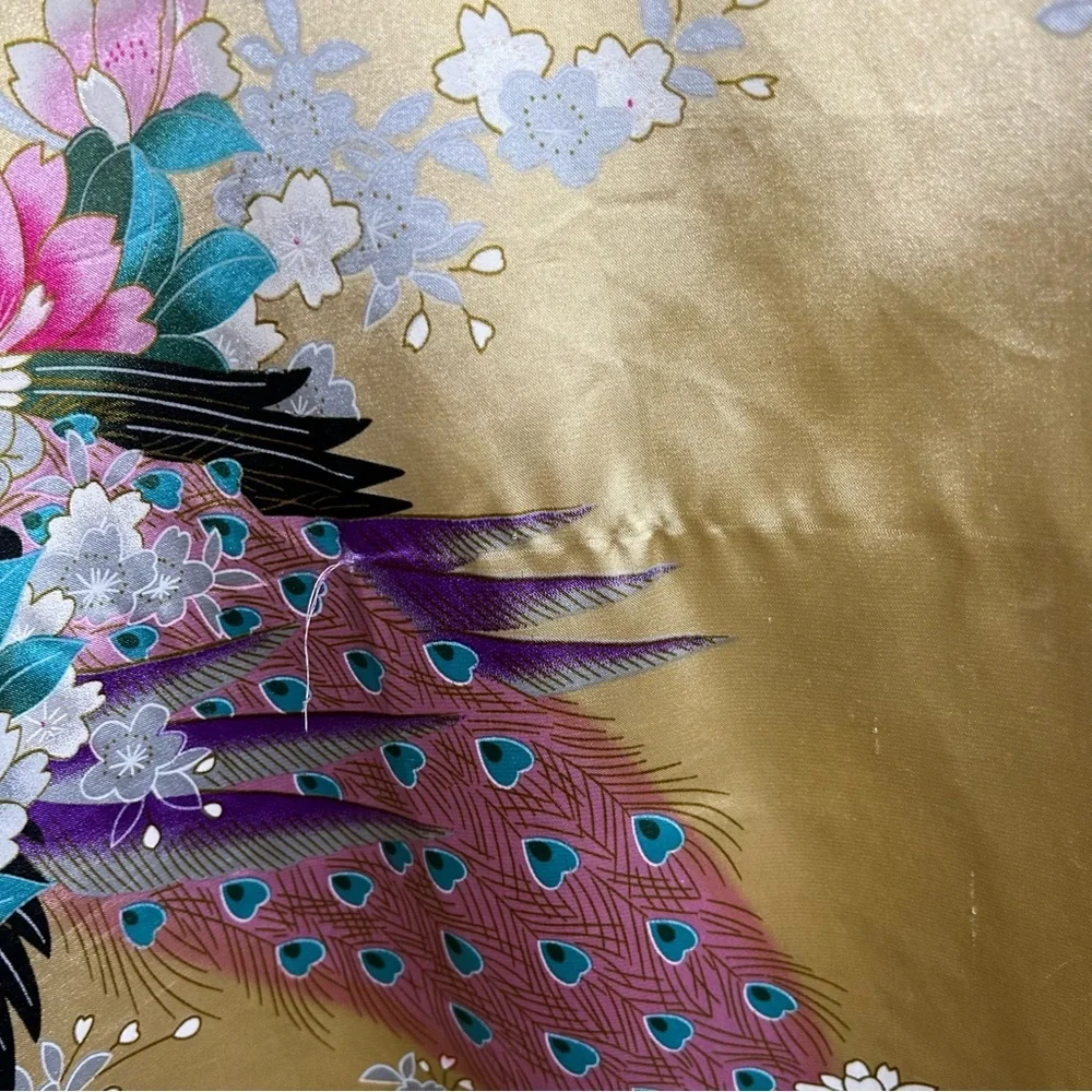 Jin Hon Gold Satin Peacock Floral Kimono Robe OS Artsy Loungewear Lightweight